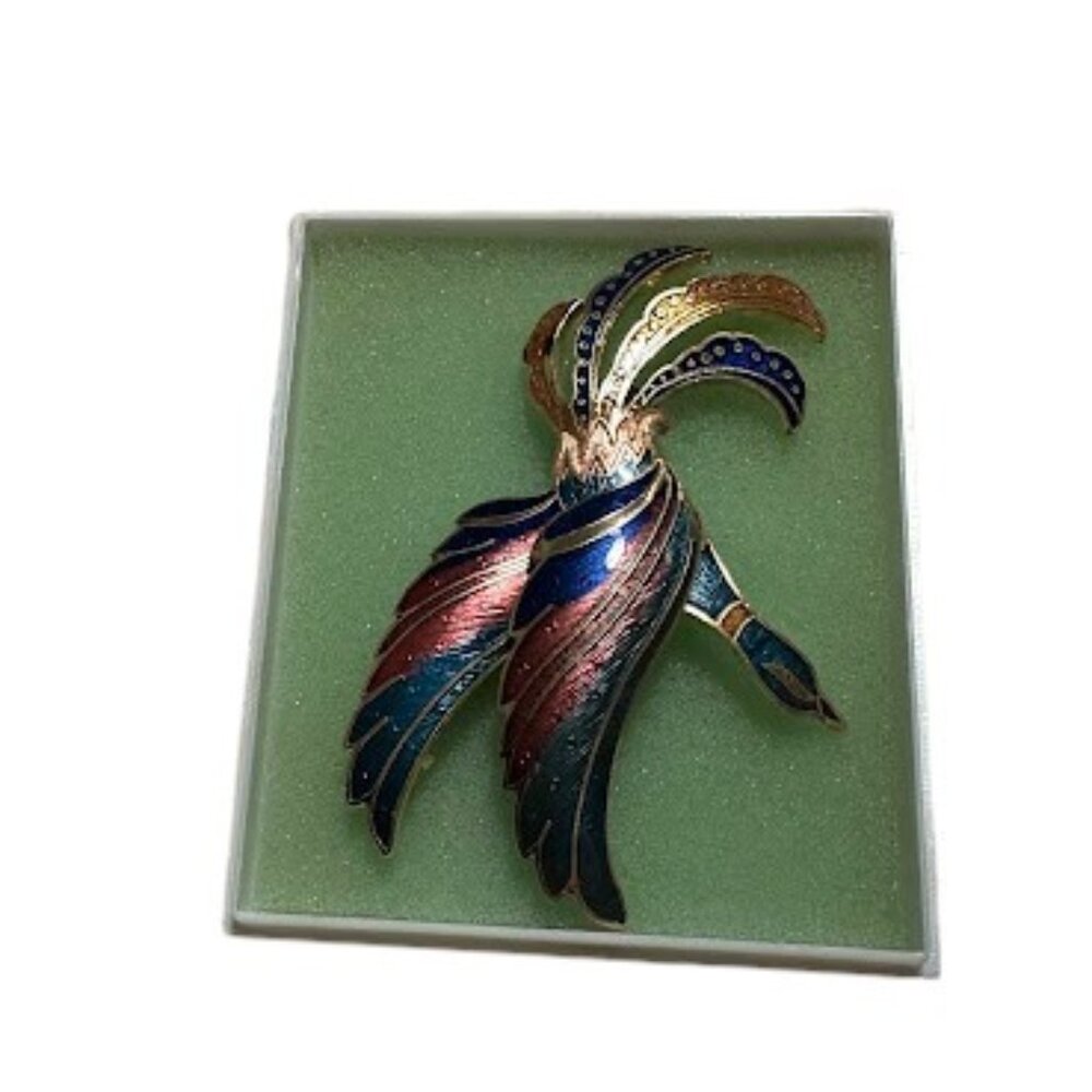 Vintage 1980s Cloisonne Bird of Paradise Pin Colorful Brooch Shiny Sparkly Gold